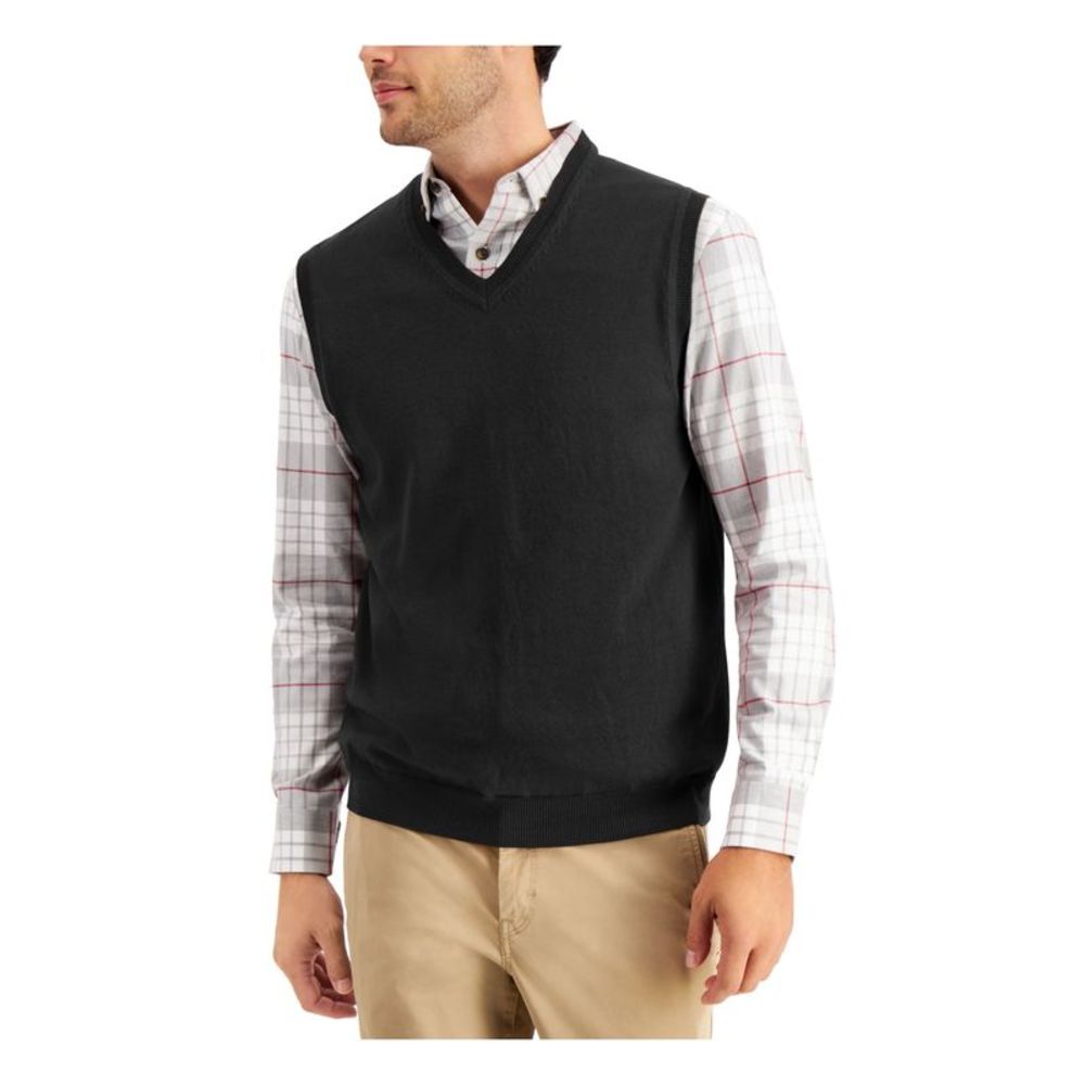 CLUBROOM Mens Black V Neck Cotton Blend Sweater Vest L